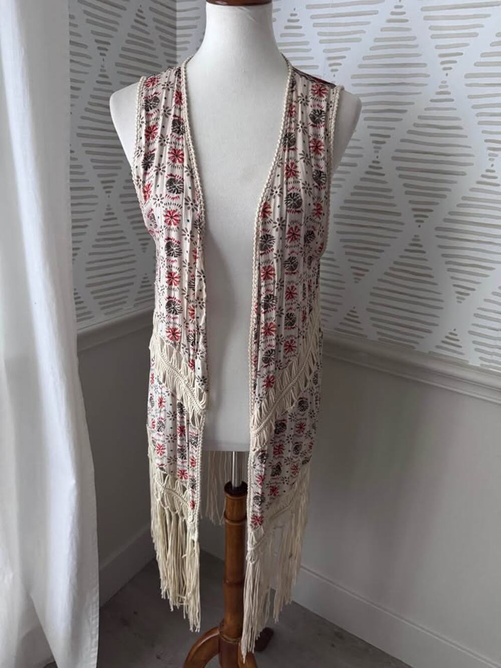 Umgee Small Boho Macramé Crochet Printed Long Duster Fringe Vest